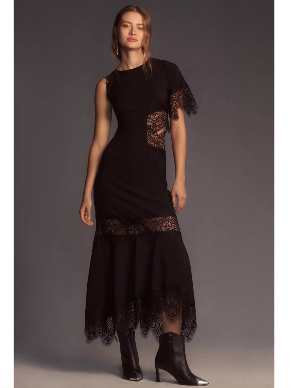 NWT $228 Anthropologie Hutch Asymmetrical Lace Mix Black Slip Maxi Dress Cutout